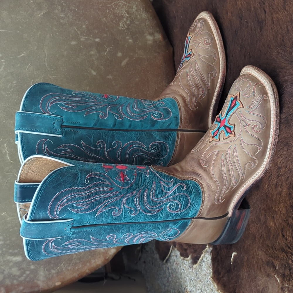 TONY LAMA ladies style#7931L "tan vintage cow cross" teal/brown cowboy boots 6.5 - Picture 9 of 16
